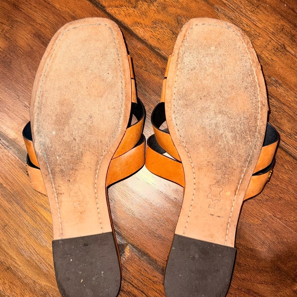 Tory Burch Cognac Leather Crisscross Slide Mules - Picture 2 of 2